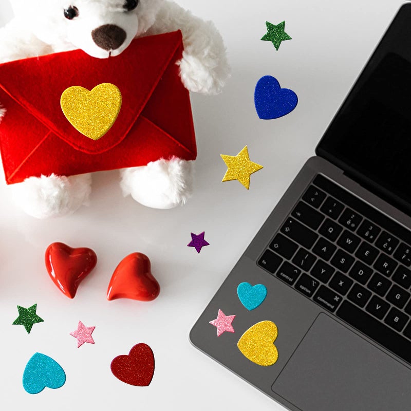 Natonhi 450 Pieces Glitter Foam Heart Stickers, Colorful Self Adhesive Foam Heart Mini Star Stickers for Kid's Arts and Crafts Supplies School Projects Greeting Card Home Decorations - Image 4